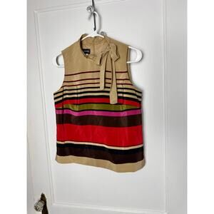 Vintage Donna Morgan Silk Striped Bow Neck Career Sleeveless Blouse Chic SZ 6